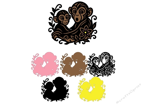 Decorative Monkey Duo – Layered Floral Silhouette SVG Cutting File