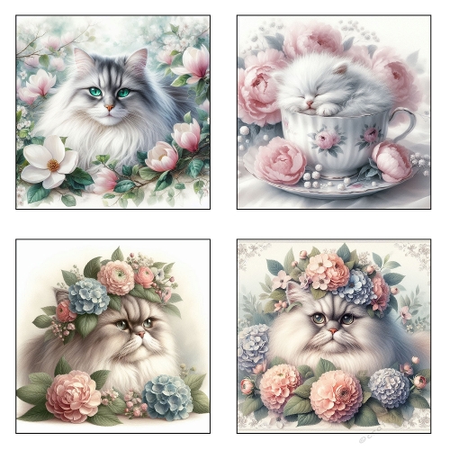 Elegant Floral Cat Quartet – Watercolor Pet Portraits Printable Art