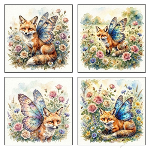 Magical Butterfly Fox Quartet – Whimsical Woodland Watercolor Printable Art