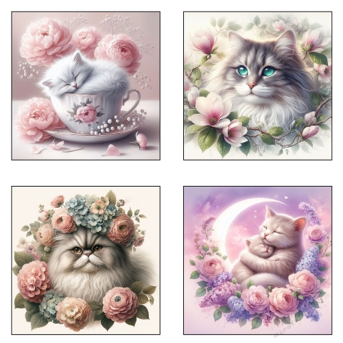 Dreamy Floral Cat Quartet – Whimsical Watercolor Pet Art Printable