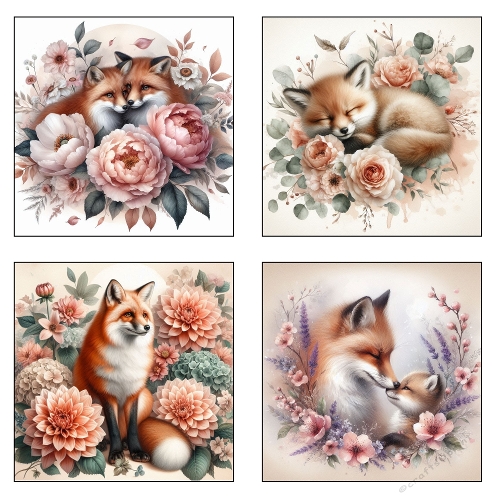 Romantic Floral Fox Quartet – Watercolor Woodland Animal Art Printable