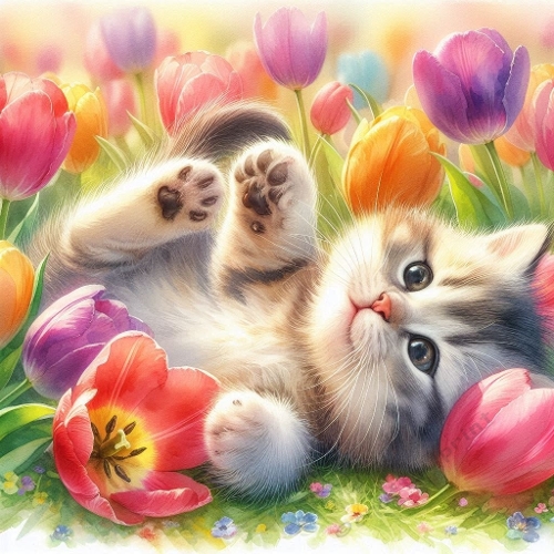 Cute Kitten in Tulip Field – 1024×1024 px Floral Art