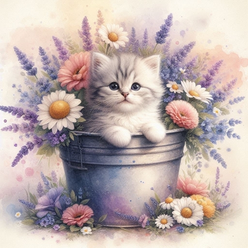 Cute Kitten in Floral Bucket – 1024×1024 px Pastel Garden Art