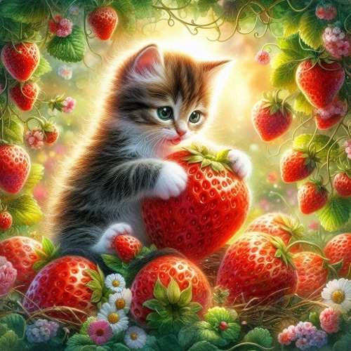 Cute Kitten With Strawberry – 1024×1024 px Whimsical Garden Art