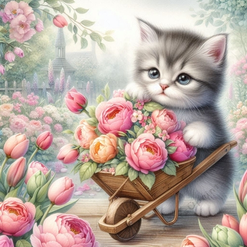 Cute Kitten With Flower Wheelbarrow – 1024×1024 px Garden Art