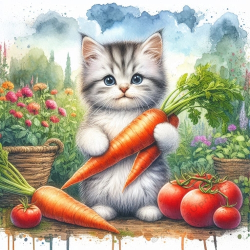 Cute Kitten With Carrots – 1024×1024 px Garden Harvest Art