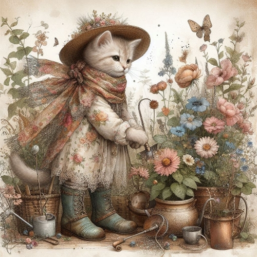 Vintage Gardening Cat Illustration – 1024×1024 px Floral Cottage Art