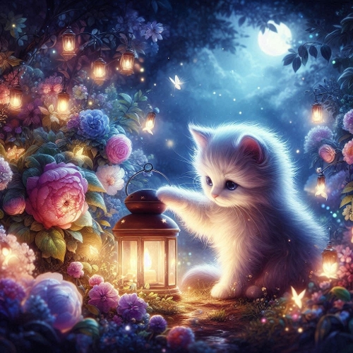 Magical Kitten With Lantern – 1024×1024 px Enchanted Garden Art