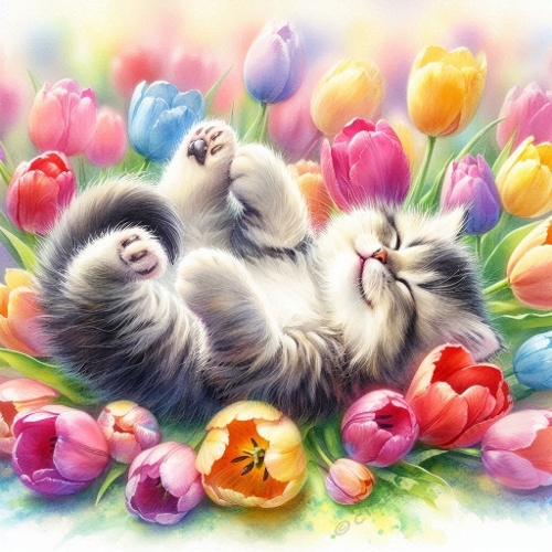 Cute Kitten in Tulip Garden – 1024×1024 px Floral Spring Art