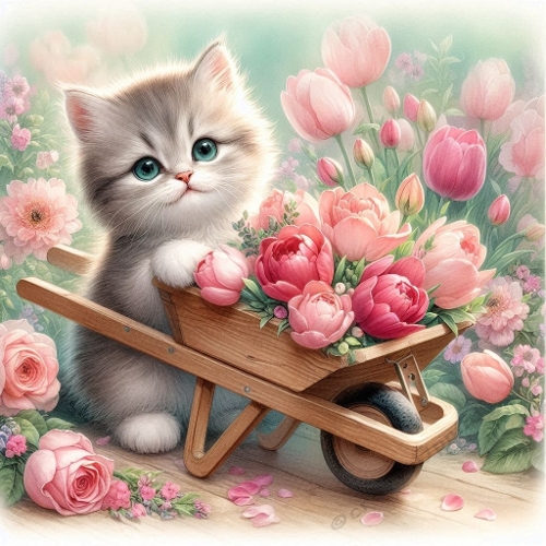 Watercolor Kitten With Flower Wheelbarrow – 1024×1024 px Garden Art