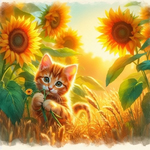 Watercolor Kitten in Sunflower Field – 1024×1024 px Summer Art