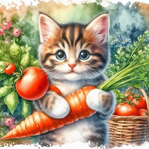 Watercolor Kitten With Garden Vegetables – 1024×1024 px Illustration