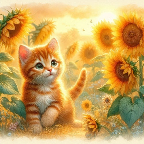 Watercolor Kitten in Sunflowers – 1024×1024 px Golden Garden Art