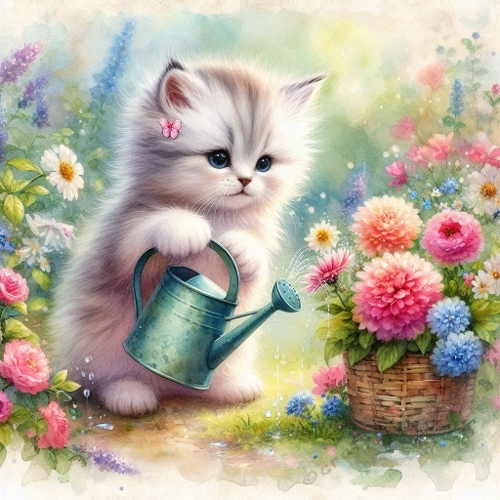 Watercolor Kitten Watering Flowers – 1024×1024 px Garden Illustration