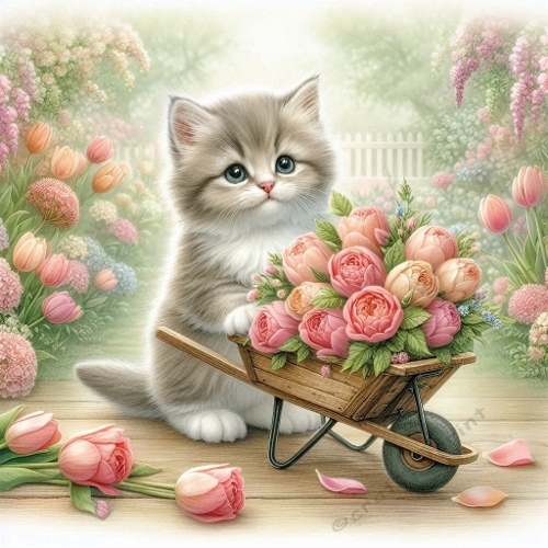 Watercolor Kitten With Flower Wheelbarrow – 1024×1024 px Garden Illustration