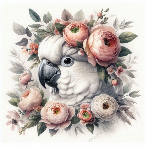 Watercolor Cockatoo With Floral Arrangement – 1024×1024 px Botanical Art