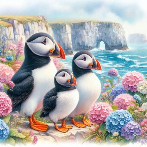 Watercolor Puffins by the Sea – 1024×1024 px Coastal Floral Art