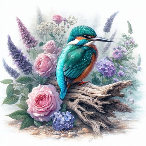 Watercolor Kingfisher With Flowers – 1024×1024 px Nature Illustration
