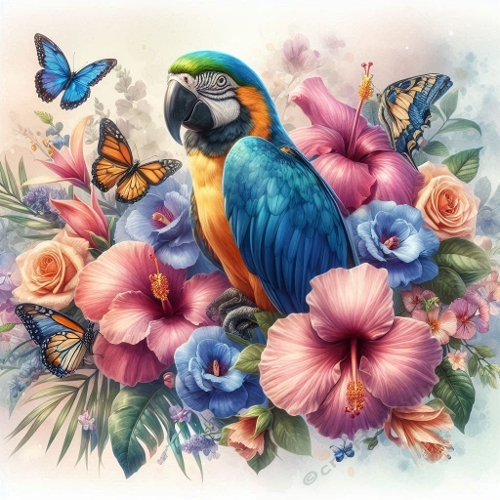 Watercolor Macaw With Tropical Flowers – 1024×1024 px Exotic Nature Art