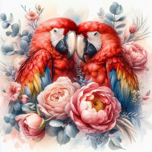 Watercolor Scarlet Macaws With Florals – 1024×1024 px Tropical Art