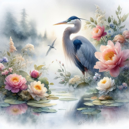 Watercolor Heron in Misty Pond – 1024×1024 px Floral Nature Art