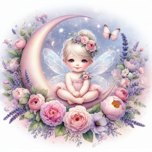 Watercolor Fairy Child on Crescent Moon – 1024×1024 px Enchanted Fantasy Art