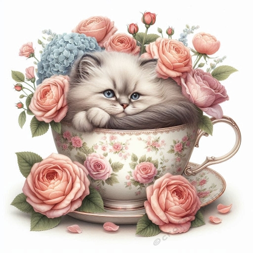 Watercolor Kitten in Rose Teacup – 1024×1024 px Whimsical Botanical Art