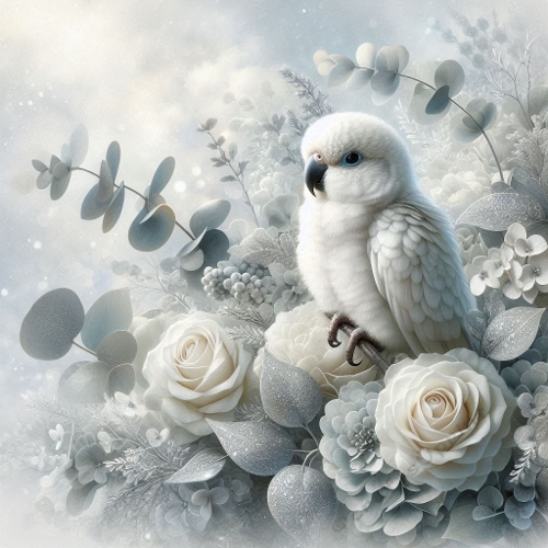 Watercolor White Parrot With Frosted Florals – 1024×1024 px Elegant Winter Botanical Art