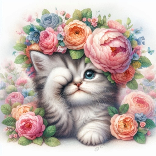 Watercolor Kitten With Floral Crown – 1024×1024 px Whimsical Botanical Art