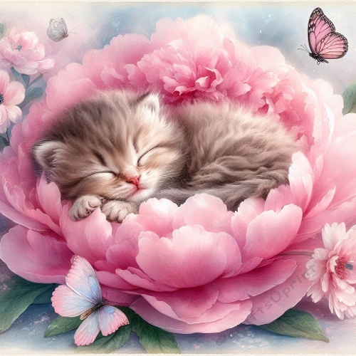 Watercolor Kitten Sleeping in Pink Peony – 1024×1024 px Dreamy Botanical Art