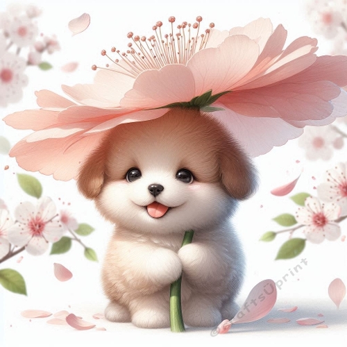 Watercolor Puppy With Pink Flower Hat – 1024×1024 px Whimsical Botanical Art