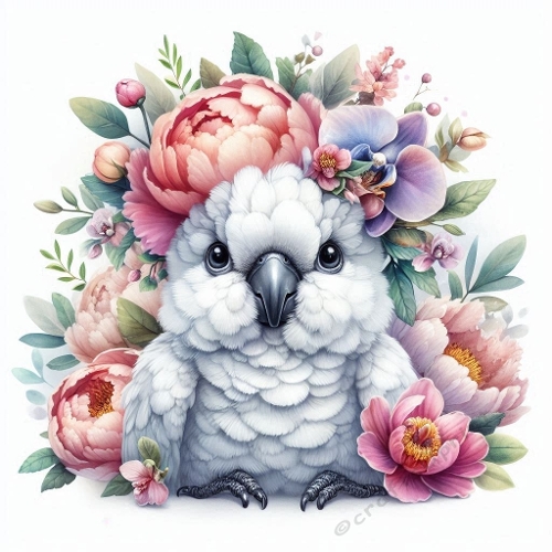 Watercolor White Parrot With Peonies & Orchids – 1024×1024 px Elegant Botanical Art