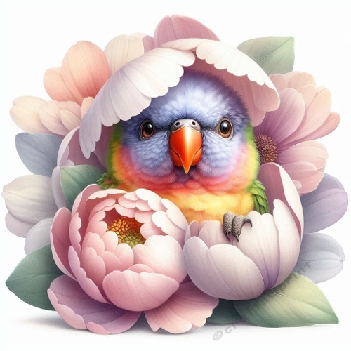 Watercolor Pastel Parrot in Soft Florals – 1024×1024 px Whimsical Botanical Art