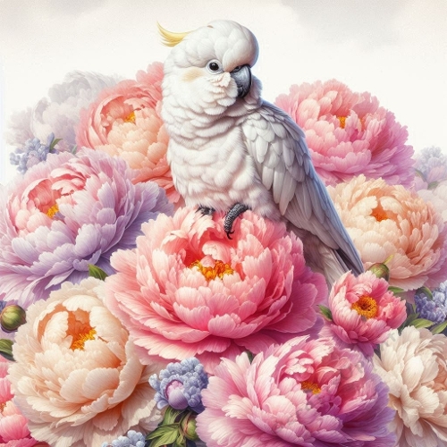 Watercolor Cockatoo Among Peonies – 1024×1024 px Elegant Botanical Art