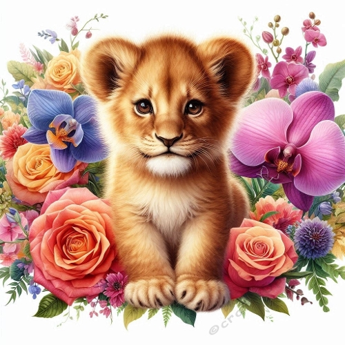 Watercolor Baby Lion With Giant Roses – 8K Pastel Tropical Botanical Art