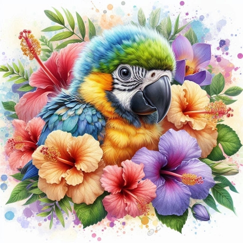 Watercolor Baby Macaw Among Tropical Flowers – 8K Premium Pastel Botanical Art