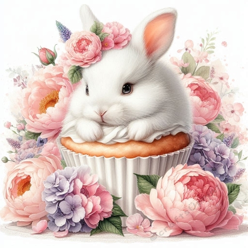Watercolor Bunny in Cupcake With Floral Crown – 8K Pastel Botanical Fantasy Art