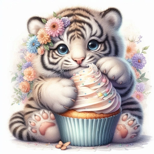 Watercolor Baby Tiger Hugging Floral Cupcake – 8K Pastel Sweet Botanical Art