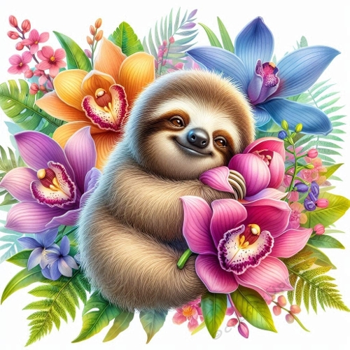 Watercolor Sloth With Tropical Flowers – 8K Vibrant Botanical Fantasy Art