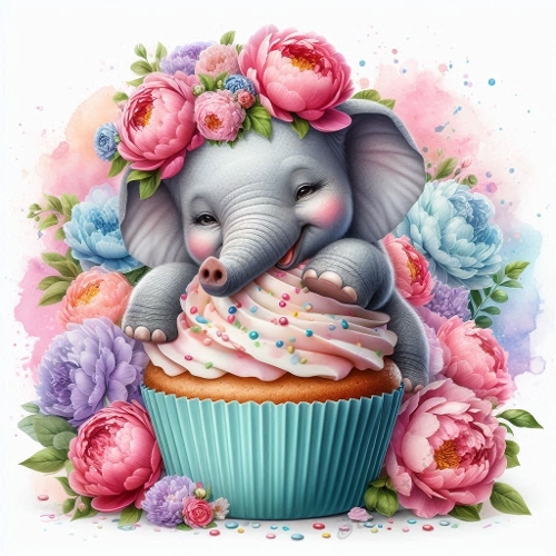 Watercolor Baby Elephant on Floral Cupcake – 8K Pastel Botanical Sweet Art