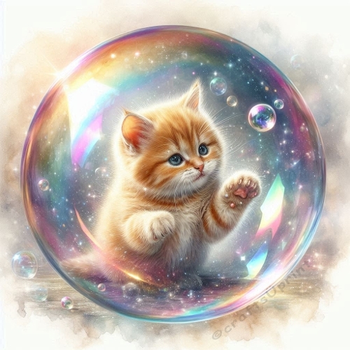 Watercolor Ginger Kitten in Rainbow Bubble – 8K Sparkling Pastel Masterpiece