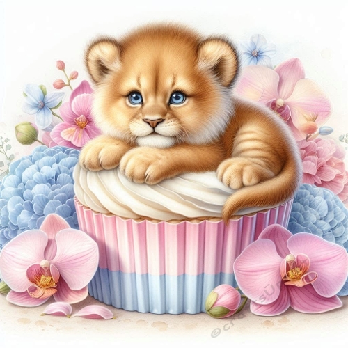 Watercolor Lion Cub on Floral Cupcake – 8K Pastel Botanical Masterpiece