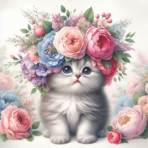 Watercolor Floral Crown Kitten – 8K Pastel Whimsical Masterpiece