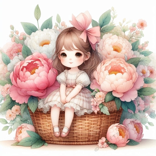 Cute Doll in Floral Basket Soft Pastel Watercolor