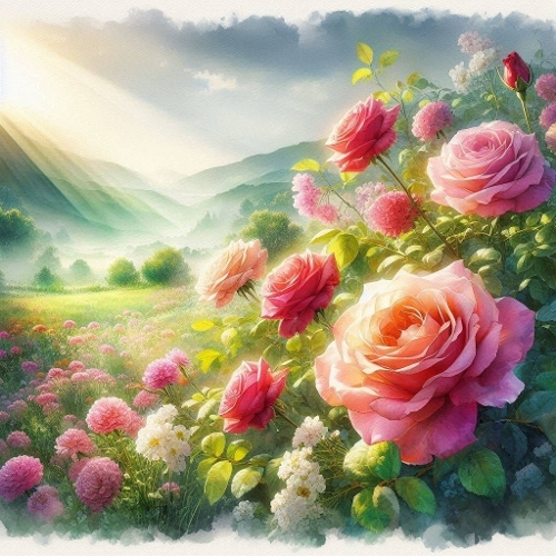 Aquarelle Rose Valley Watercolor Floral Sunrise 