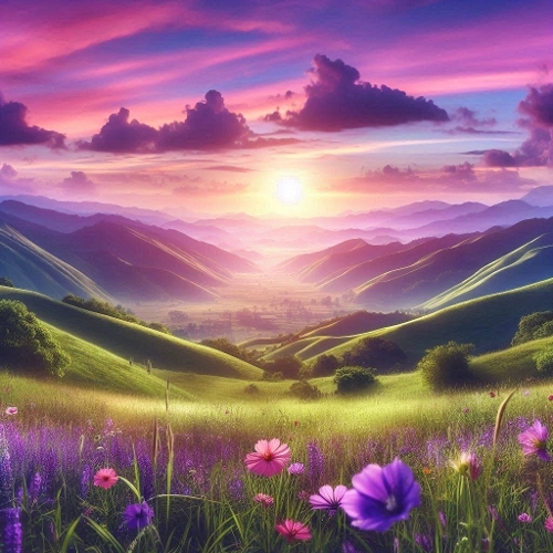 Aquarelle Sunset Wildflower Hills | Watercolor Dream Landscape | Pastel Nature Art