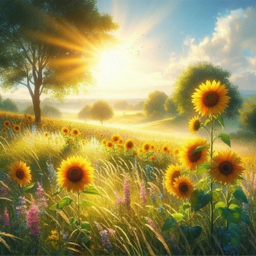 Aquarelle Sunflower Meadow | Watercolor Golden Sunrise | Pastel Nature Art