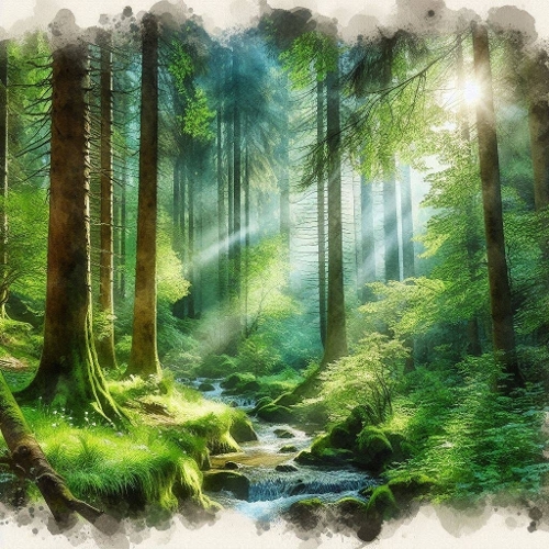 Aquarelle Forest Stream | Watercolor Sunlit Woods | Peaceful Nature Art