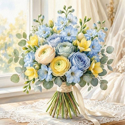 Aquarelle Pastel Garden Bouquet  Watercolor Soft Roses & Ranunculus 