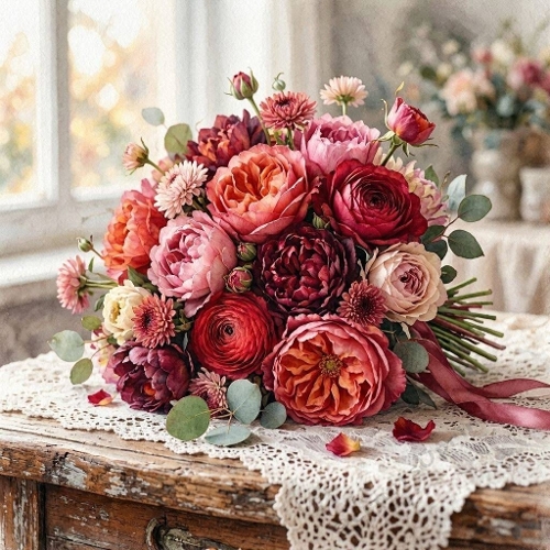 Aquarelle Romantic Rustic Bouquet  Watercolor Roses & Peonies 